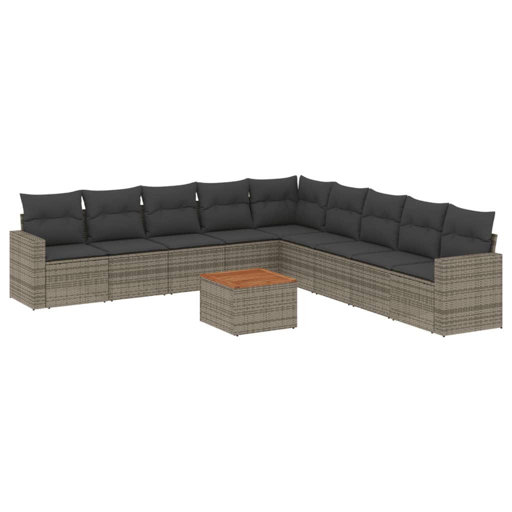 10-delige Loungeset met kussens poly rattan grijs