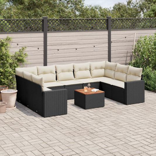 10-delige Loungeset met kussens poly rattan zwart