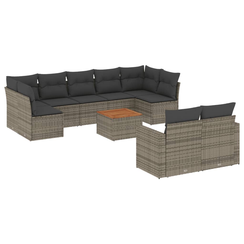 10-delige Loungeset met kussens poly rattan grijs