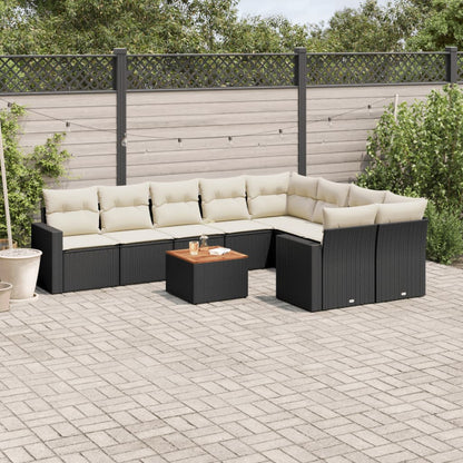 10-delige Loungeset met kussens poly rattan zwart