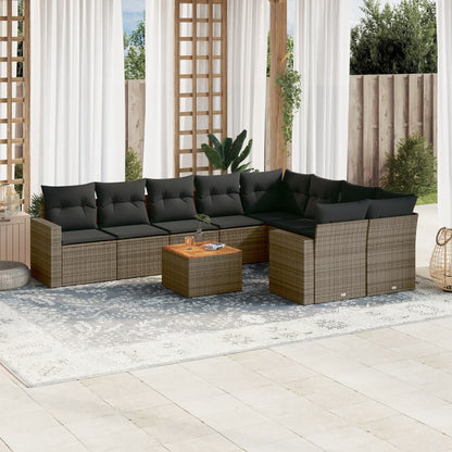 10-delige Loungeset met kussens poly rattan grijs