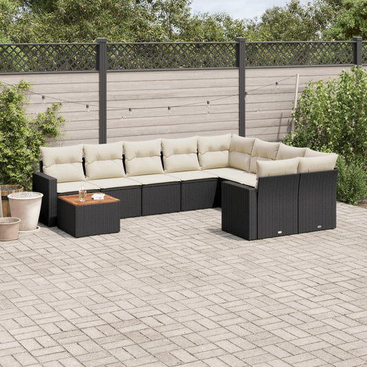 10-delige Loungeset met kussens poly rattan zwart