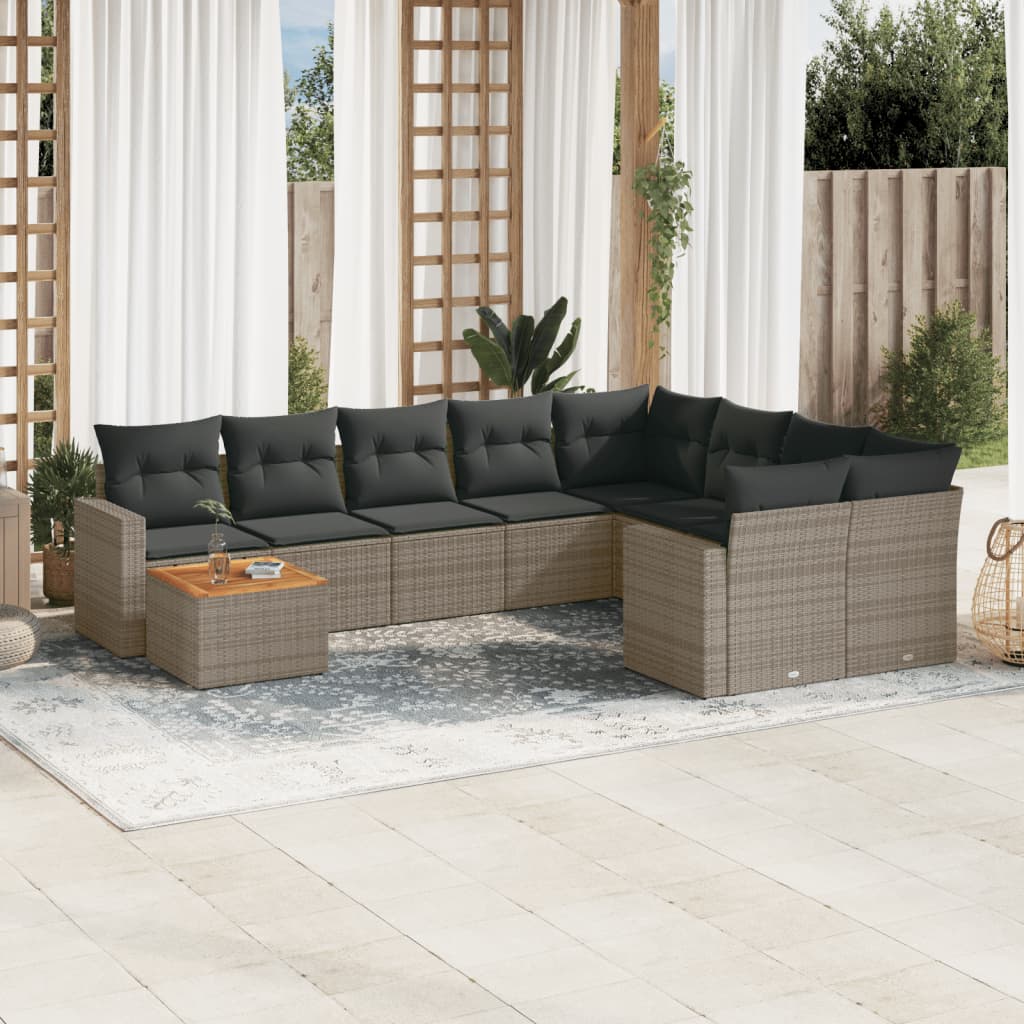 10-delige Loungeset met kussens poly rattan grijs