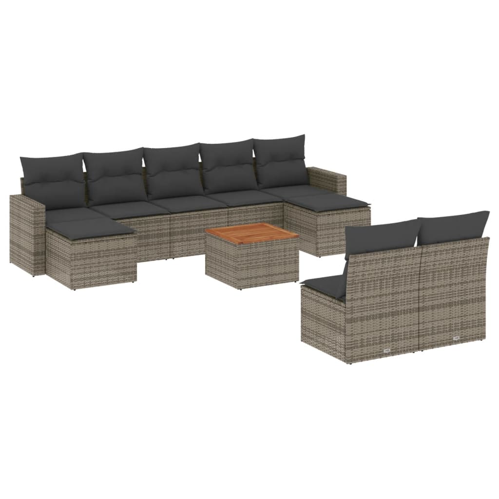 10-delige Loungeset met kussens poly rattan grijs