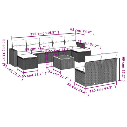 10-delige Loungeset met kussens poly rattan grijs