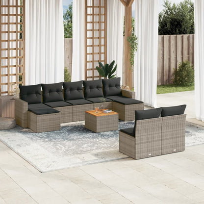 10-delige Loungeset met kussens poly rattan grijs