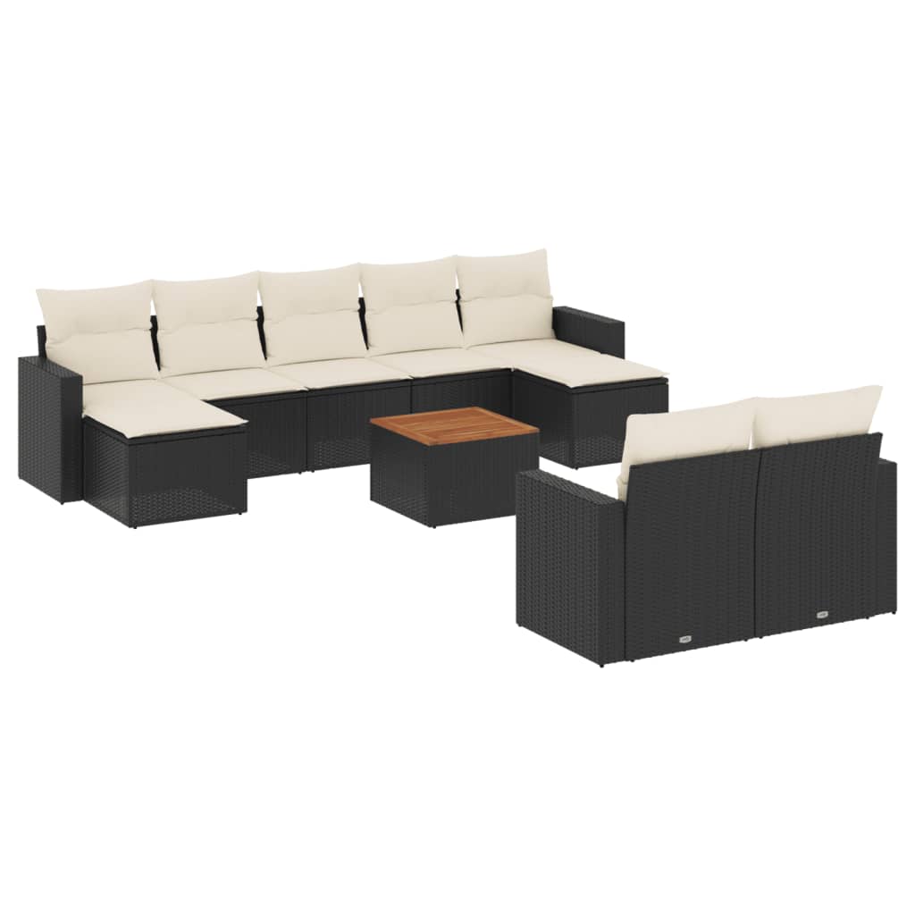 10-delige Loungeset met kussens poly rattan zwart