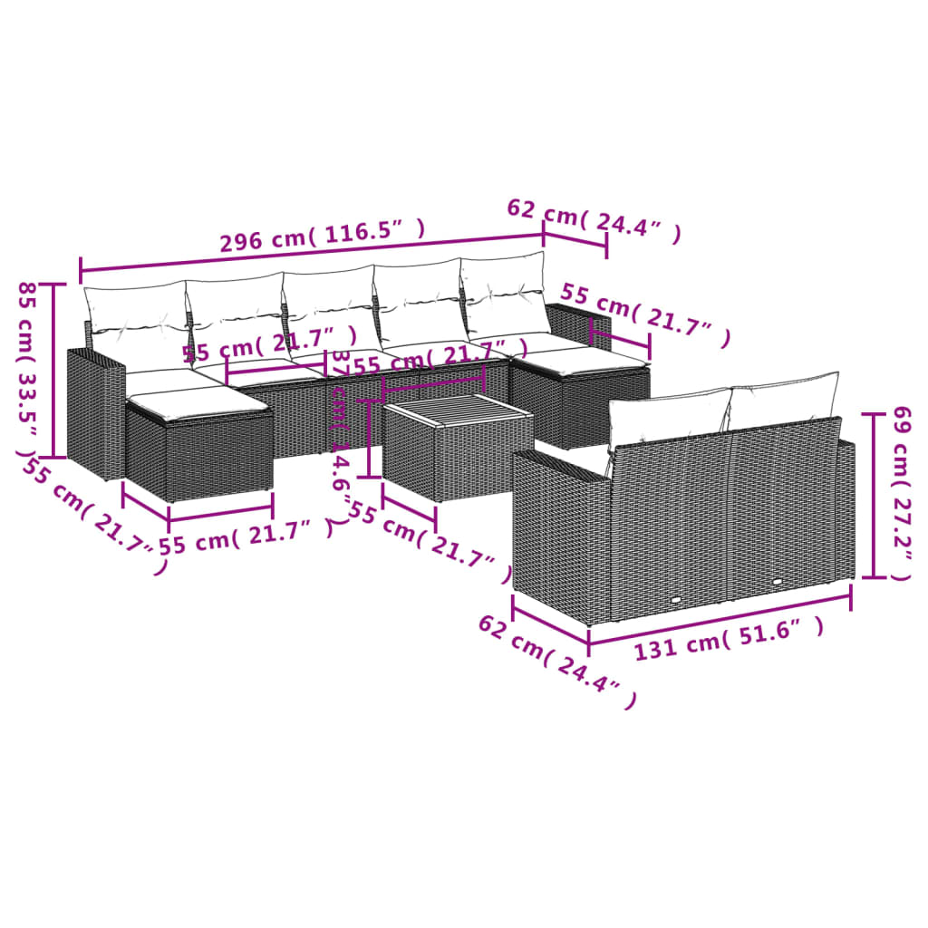 10-delige Loungeset met kussens poly rattan zwart