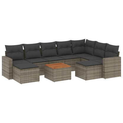 10-delige Loungeset met kussens poly rattan grijs