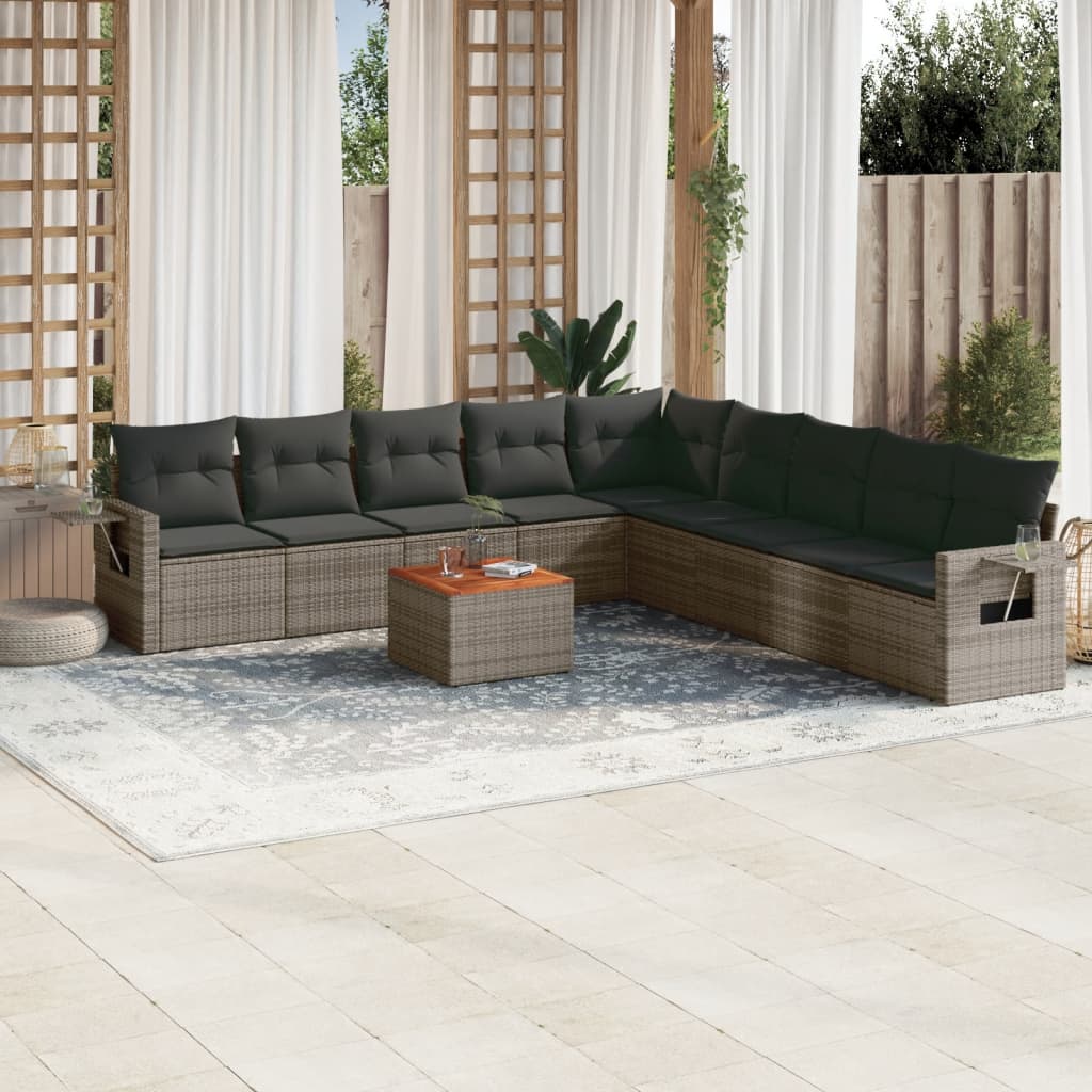 10-delige Loungeset met kussens poly rattan grijs