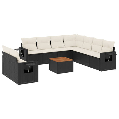 10-delige Loungeset met kussens poly rattan zwart