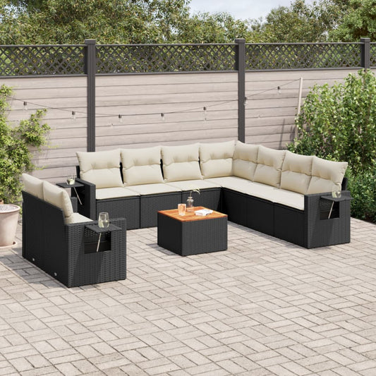 10-delige Loungeset met kussens poly rattan zwart