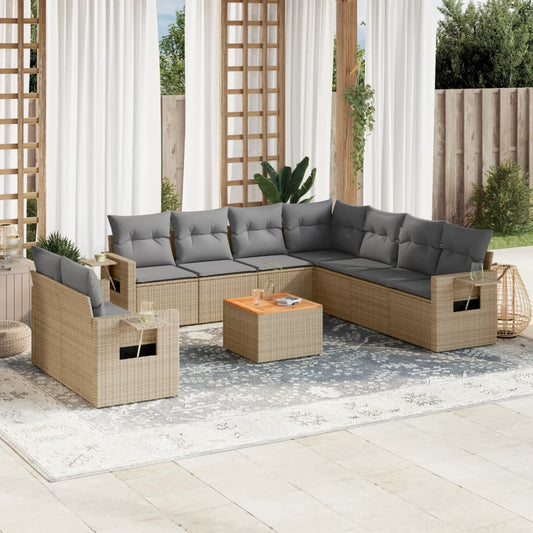 10-delige Loungeset met kussens poly rattan gemengd beige