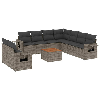 10-delige Loungeset met kussens poly rattan grijs