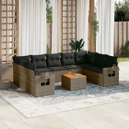 10-delige Loungeset met kussens poly rattan grijs