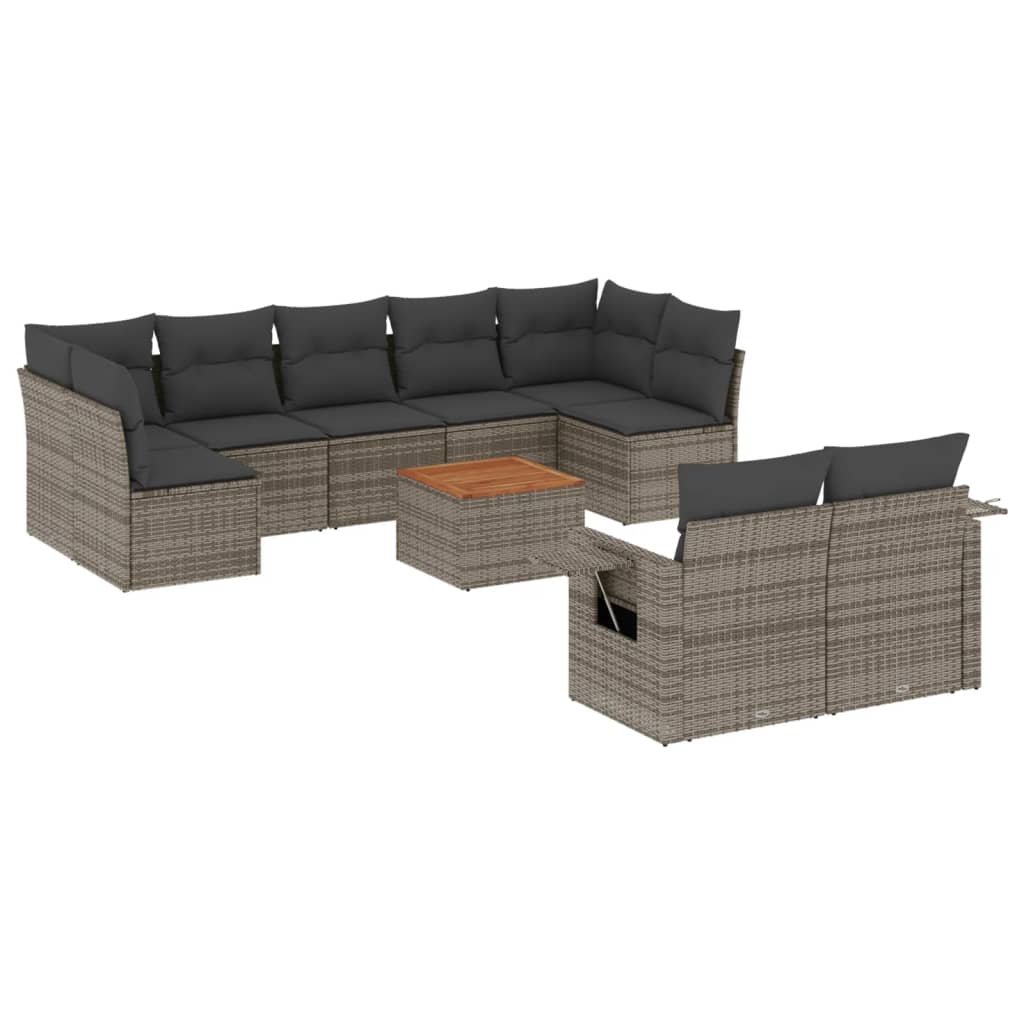 10-delige Loungeset met kussens poly rattan grijs