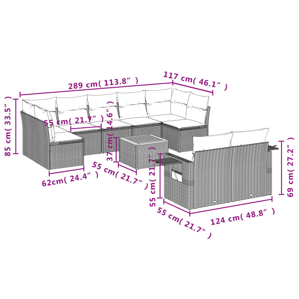 10-delige Loungeset met kussens poly rattan grijs