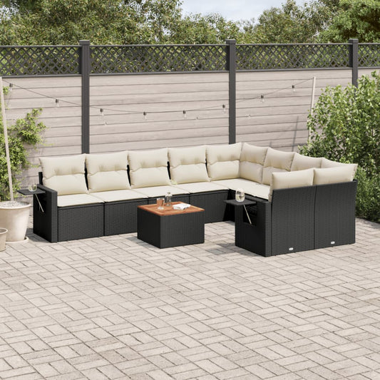 10-delige Loungeset met kussens poly rattan zwart