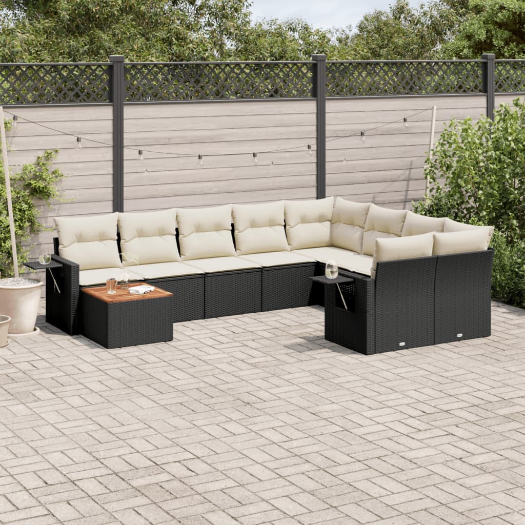 10-delige Loungeset met kussens poly rattan zwart