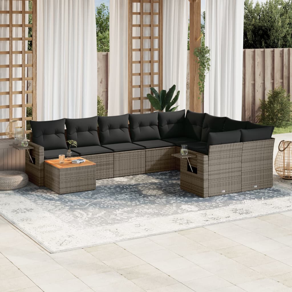 10-delige Loungeset met kussens poly rattan grijs