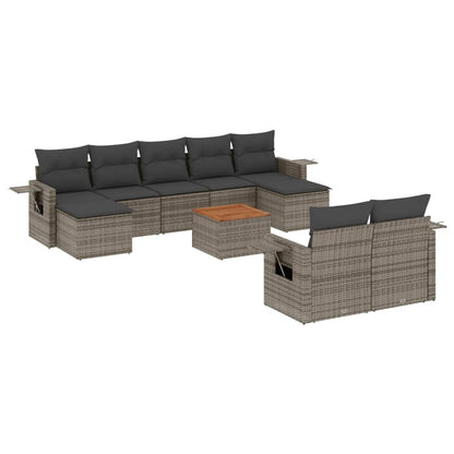 10-delige Loungeset met kussens poly rattan grijs