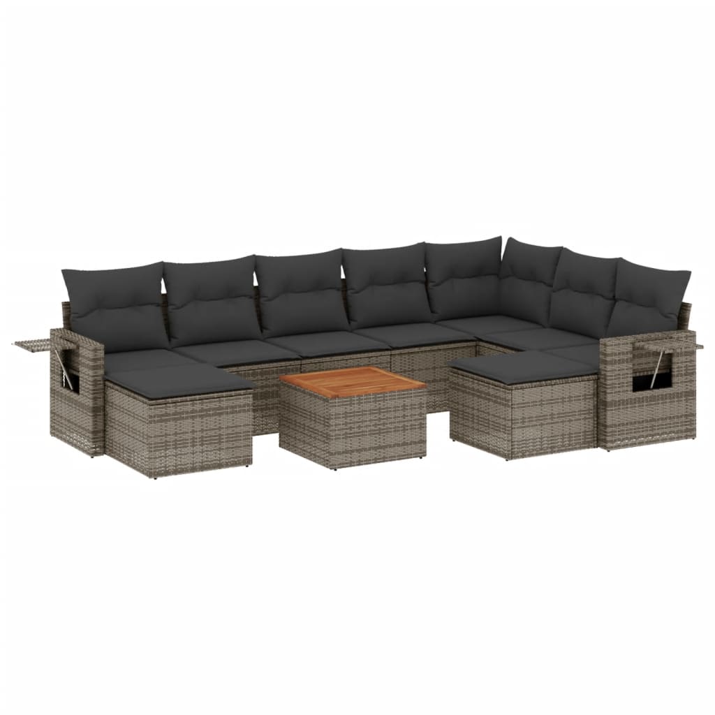 10-delige Loungeset met kussens poly rattan grijs