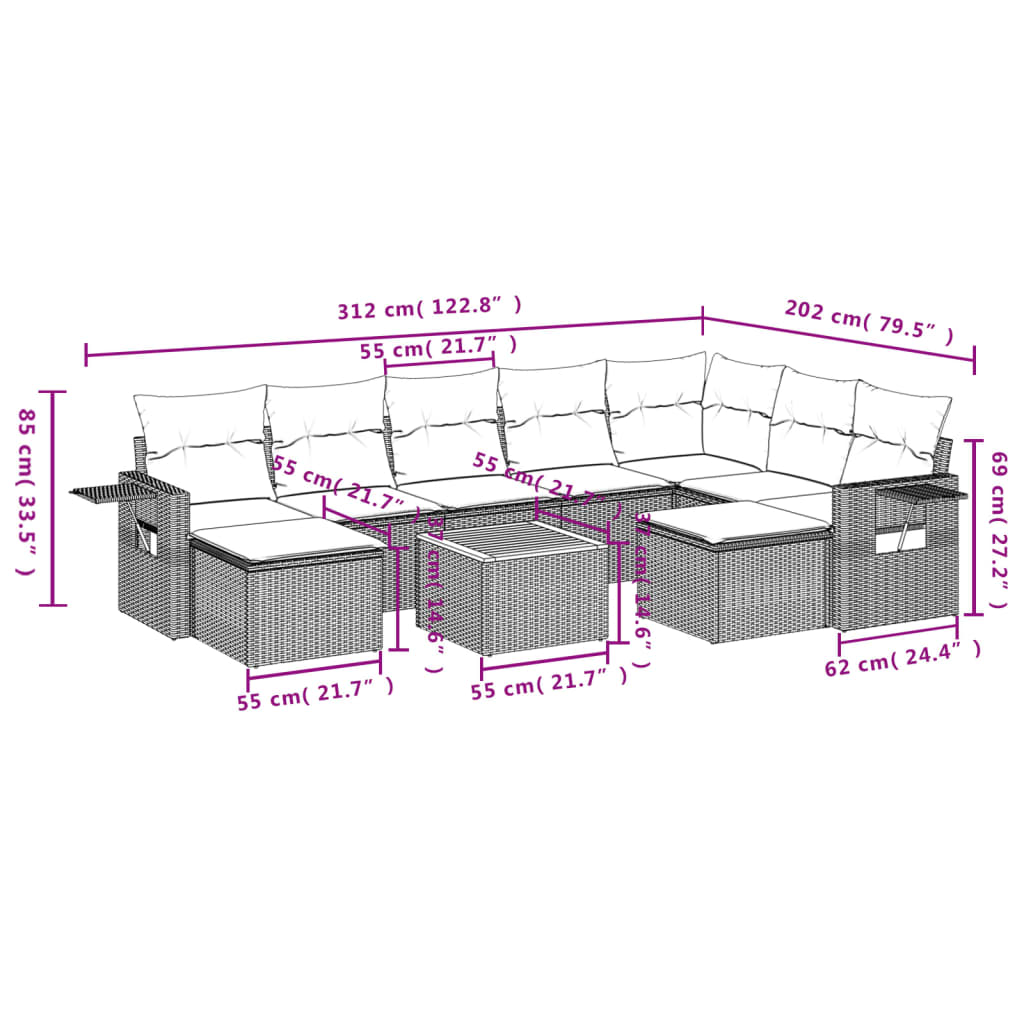 10-delige Loungeset met kussens poly rattan grijs