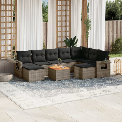 10-delige Loungeset met kussens poly rattan grijs