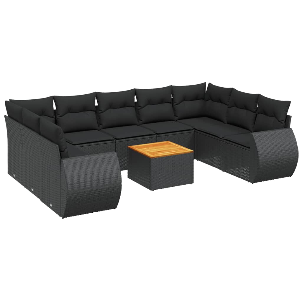 10-delige Loungeset met kussens poly rattan zwart