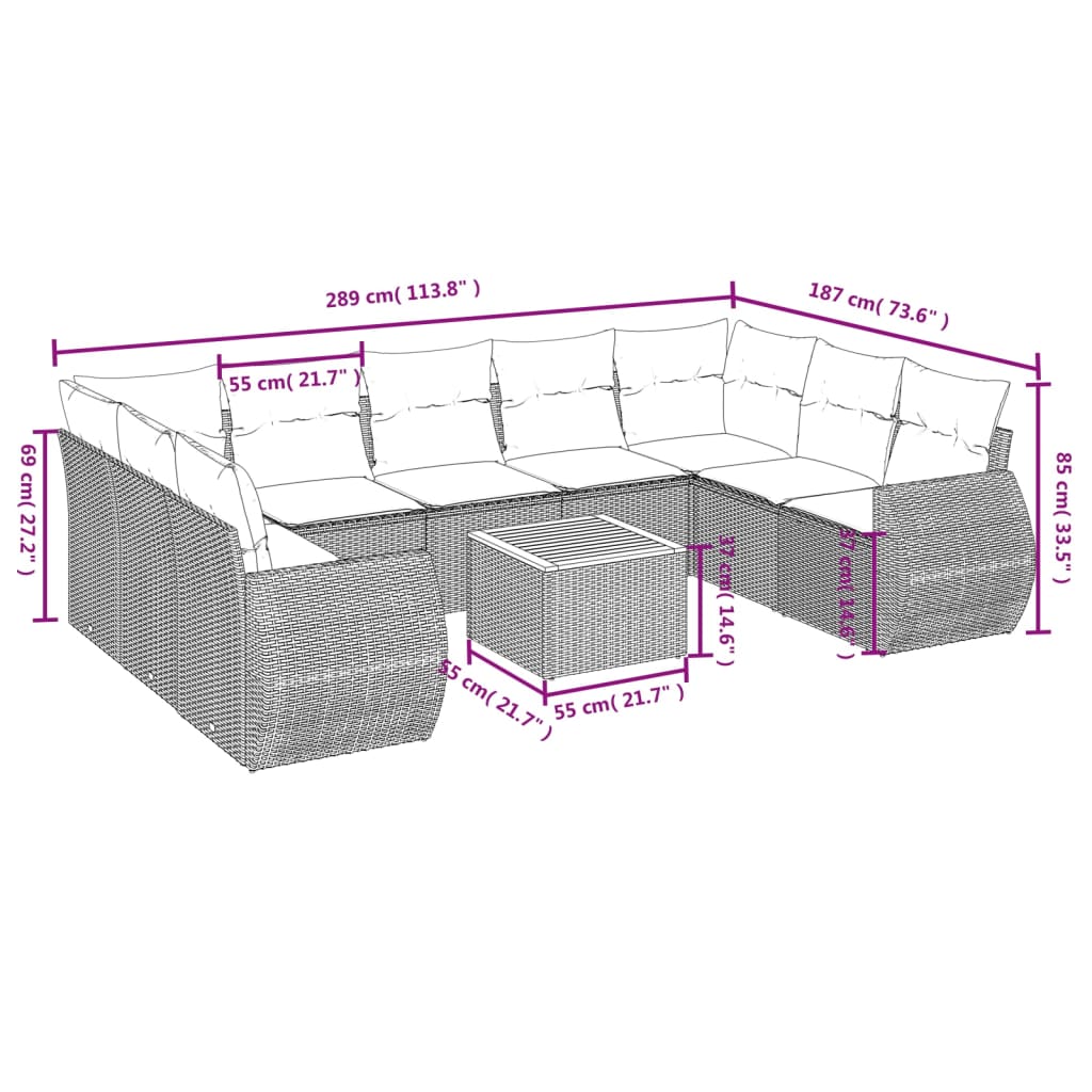 10-delige Loungeset met kussens poly rattan zwart