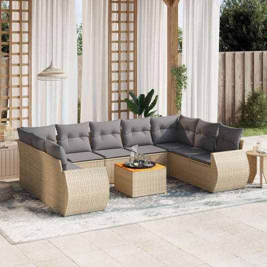 10-delige Loungeset met kussens poly rattan beige