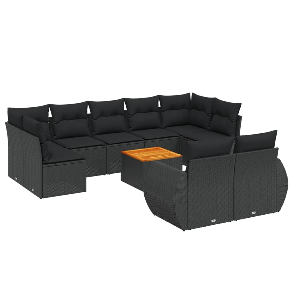 10-delige Loungeset met kussens poly rattan zwart