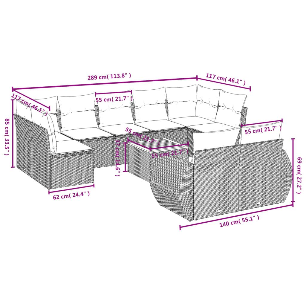 10-delige Loungeset met kussens poly rattan zwart