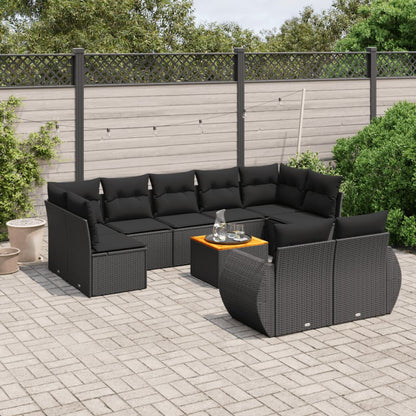 10-delige Loungeset met kussens poly rattan zwart