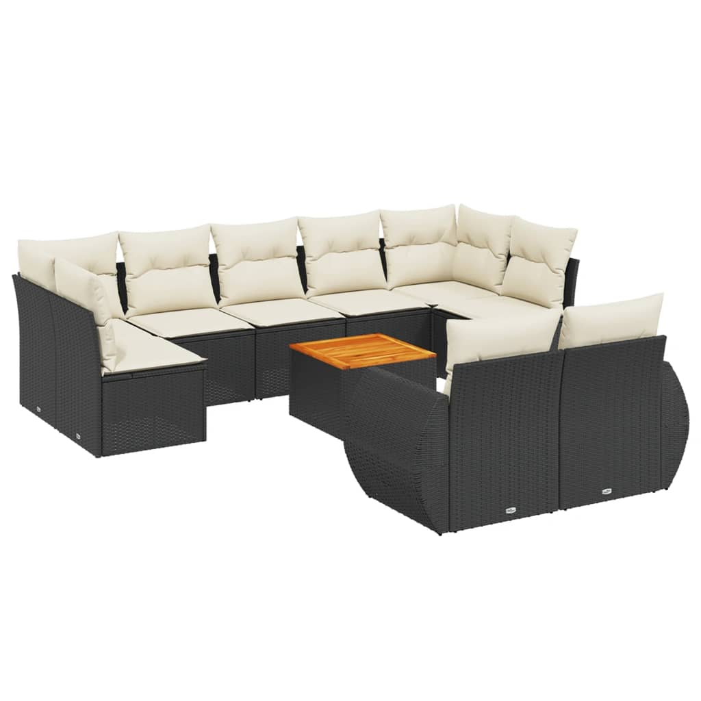 10-delige Loungeset met kussens poly rattan zwart