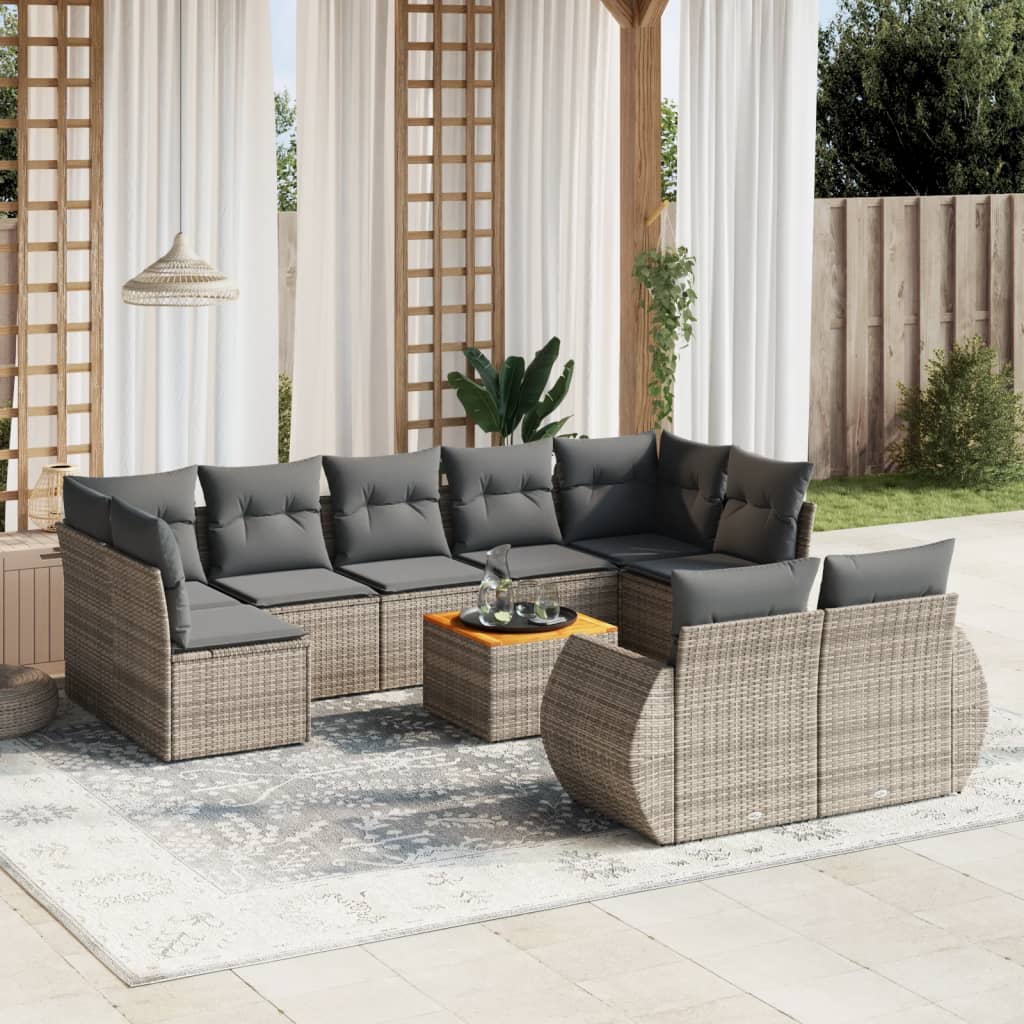 10-delige Loungeset met kussens poly rattan grijs