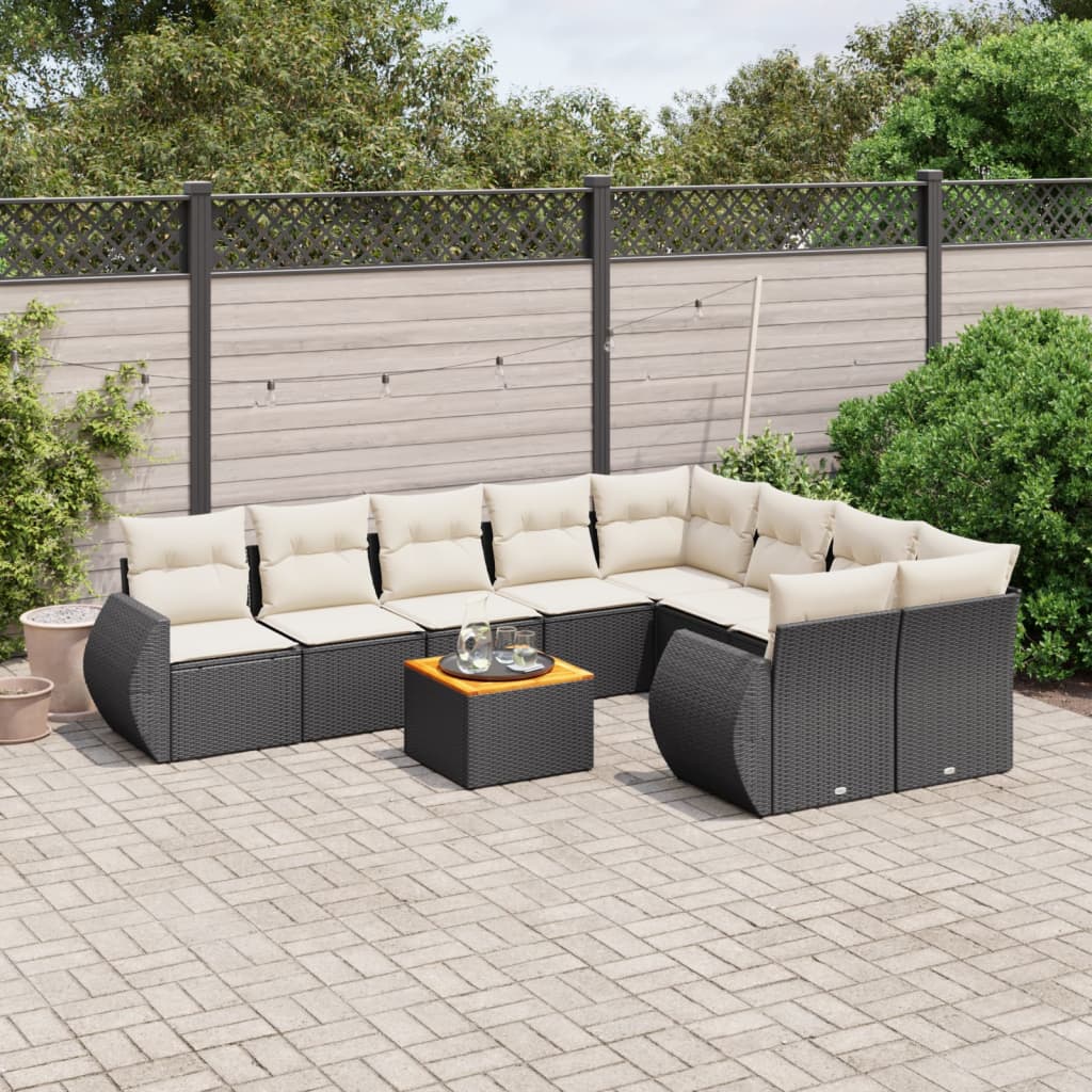 10-delige Loungeset met kussens poly rattan zwart