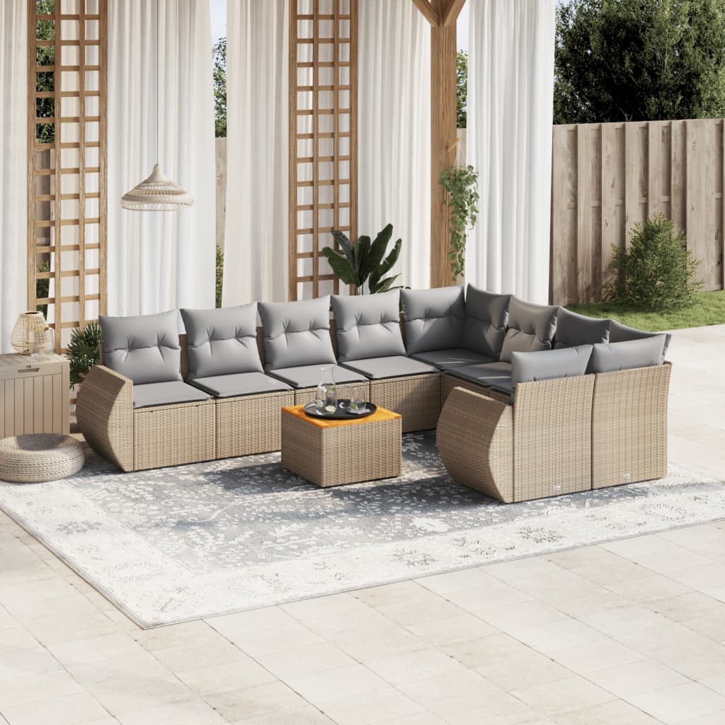 10-delige Loungeset met kussens poly rattan beige