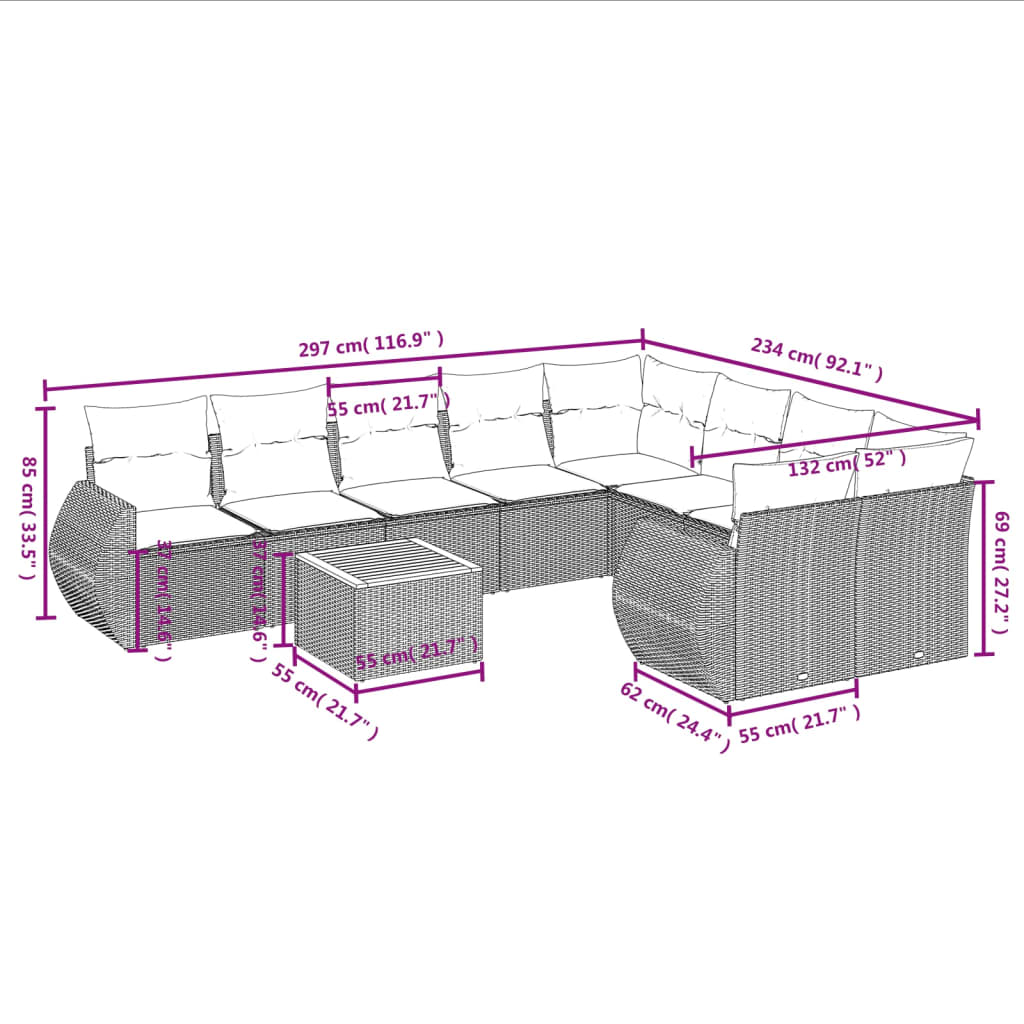 10-delige Loungeset met kussens poly rattan grijs