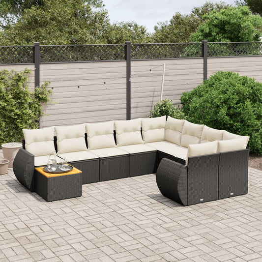 10-delige Loungeset met kussens poly rattan zwart