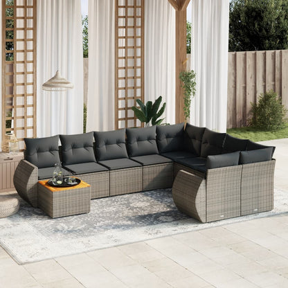 10-delige Loungeset met kussens poly rattan grijs