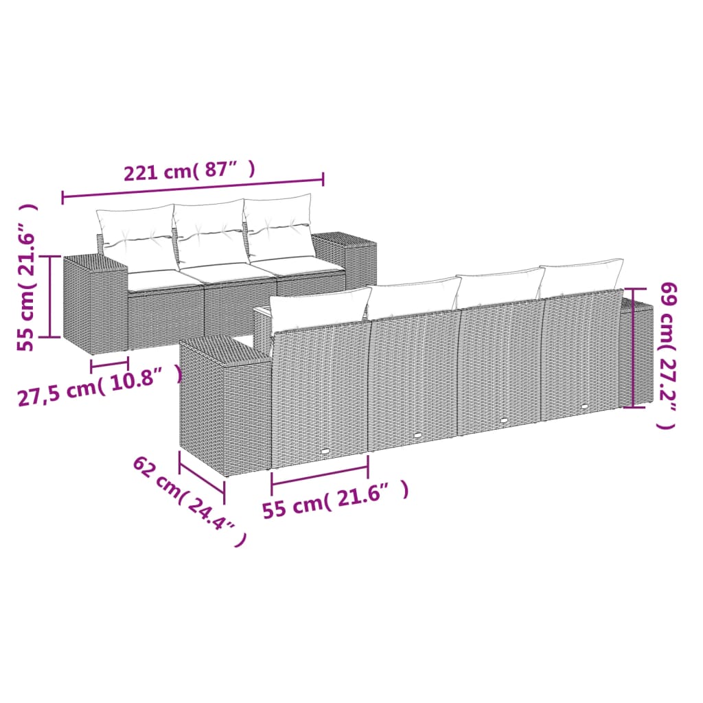 8-delige Loungeset met kussens poly rattan grijs