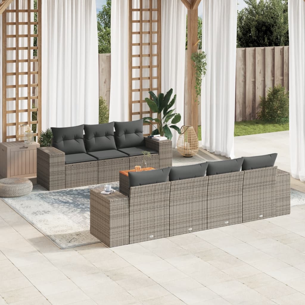 8-delige Loungeset met kussens poly rattan grijs