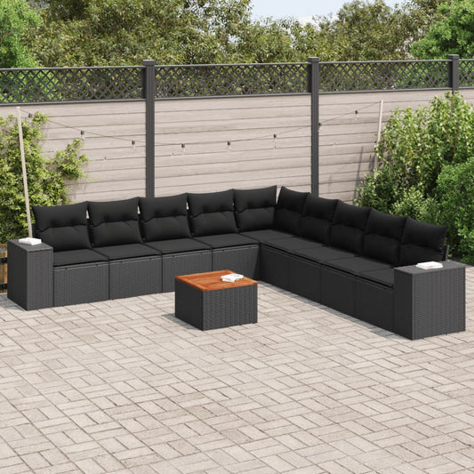 10-delige Loungeset met kussens poly rattan zwart