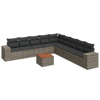 10-delige Loungeset met kussens poly rattan grijs