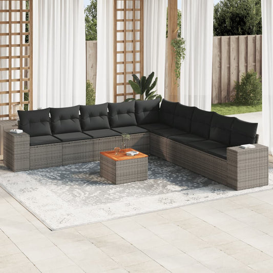 10-delige Loungeset met kussens poly rattan grijs