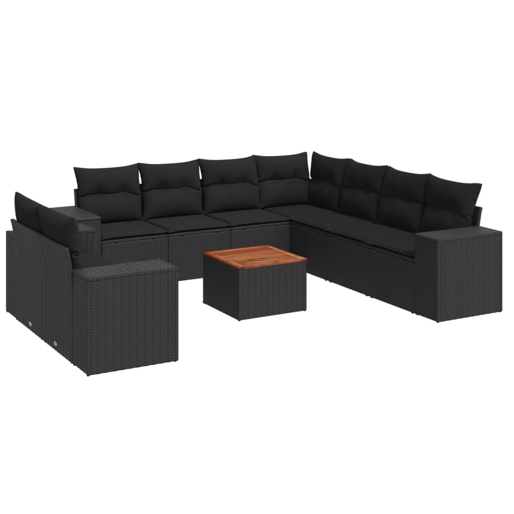 10-delige Loungeset met kussens poly rattan zwart