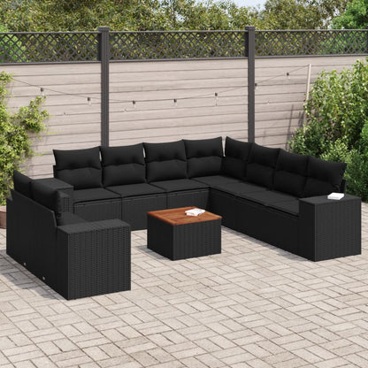 10-delige Loungeset met kussens poly rattan zwart