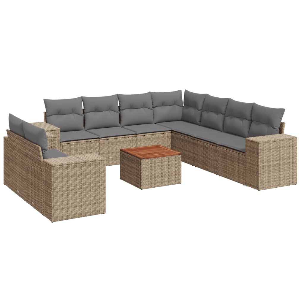 10-delige Loungeset met kussens poly rattan beige