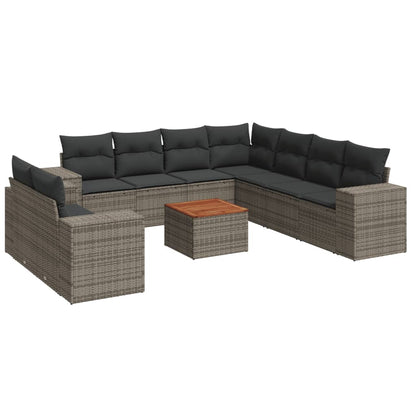 10-delige Loungeset met kussens poly rattan grijs